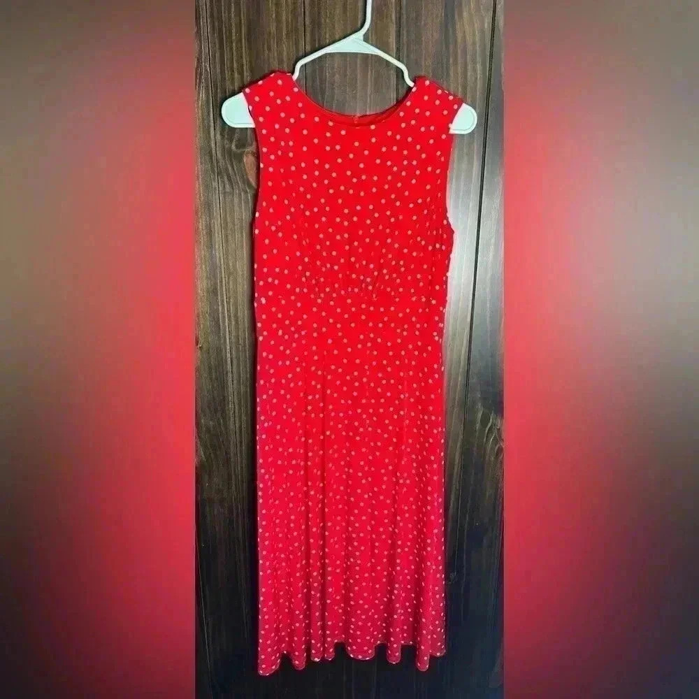 LONDON TIMES Sleeveless Flare Midi Dress Red with White Polkadots-Size: US 8